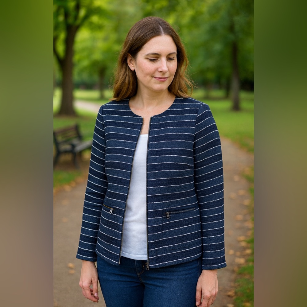 Loft Textured-Striped Cotton Blazer Jacket Women’s 6 Blue Full Zip Work Office
